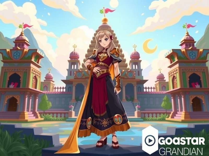 Goa Star Guardian game hero character standing against a backdrop of ancient Indian temples